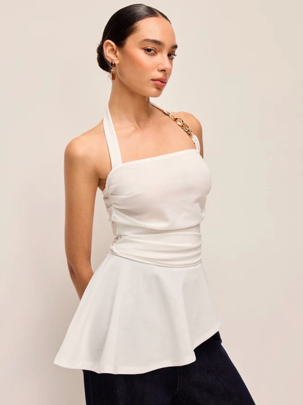 NWT Commense White Halter Peplum Top with Chain Detail